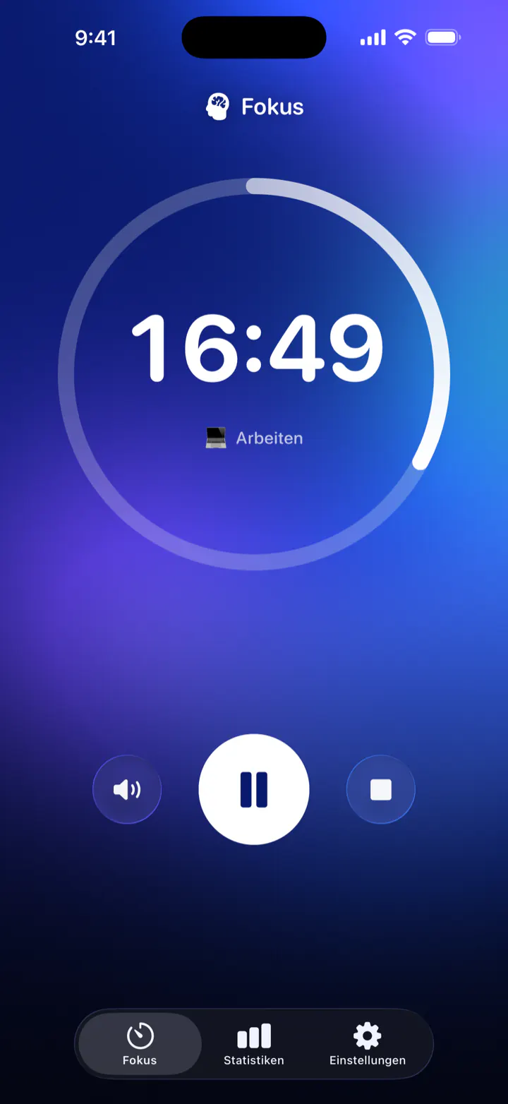 Der Timer von Pomodoro Focus während einer Fokussitzung: noch 16:49, Kategorie Arbeiten