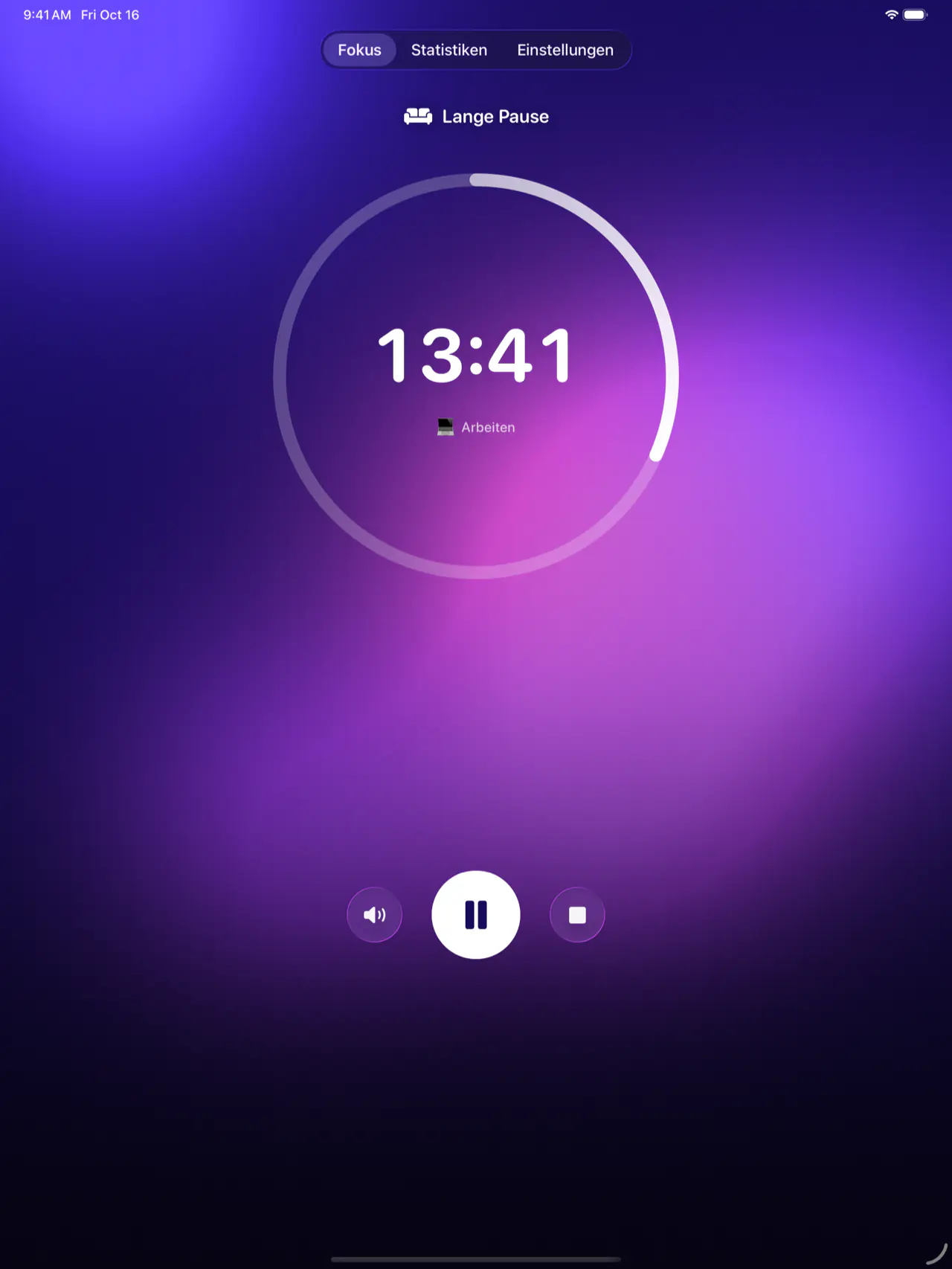 Pomodoro Focus auf dem iPad während einer langen Pause: noch 13:41, auf lila Hintergrund