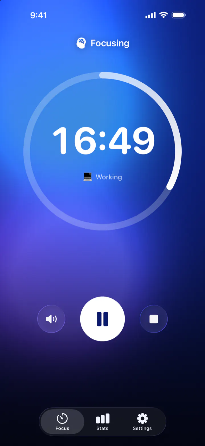 The focus timer in Pomodoro Focus: Focusing, 16:49 left, category Working, with pause, stop and sound buttons