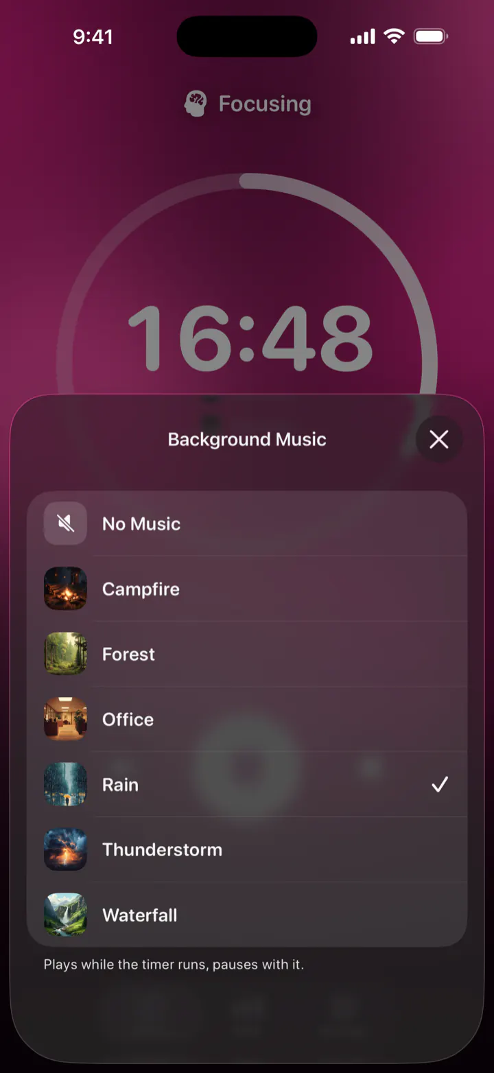 Choosing background music while focusing: No Music, Campfire, Forest, Office, Rain, Thunderstorm and Waterfall