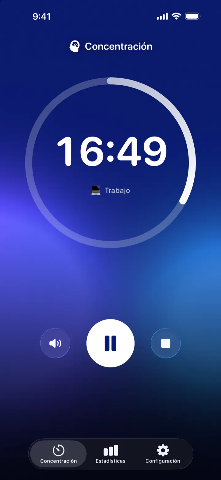 El temporizador de Pomodoro Focus durante una sesión de concentración: quedan 16:49, categoría Trabajo