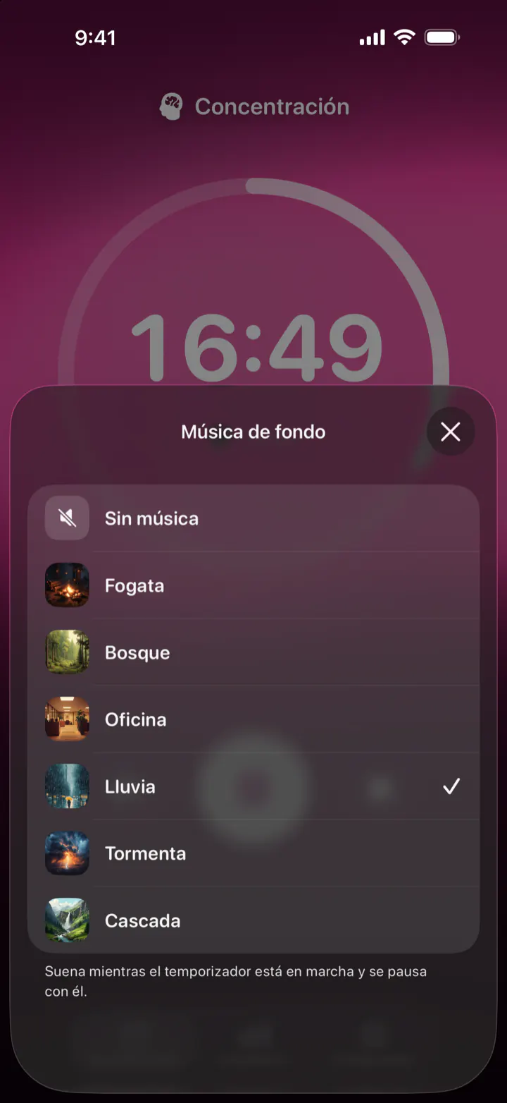 Elegir un sonido de fondo en Pomodoro Focus: Sin música, Fogata, Bosque, Oficina, Lluvia, Tormenta y Cascada