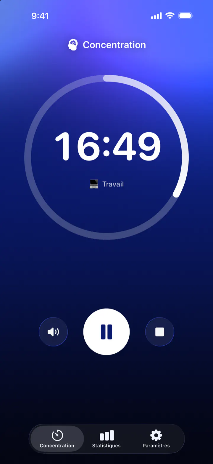 Le minuteur de Pomodoro Focus pendant une session de concentration : il reste 16:49, catégorie Travail