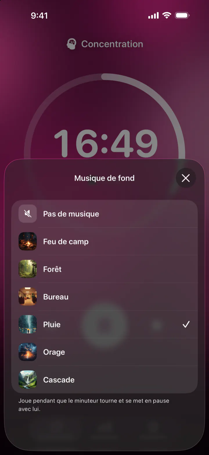 Le choix d’un son d’ambiance dans Pomodoro Focus : Pas de musique, Feu de camp, Forêt, Bureau, Pluie, Orage et Cascade