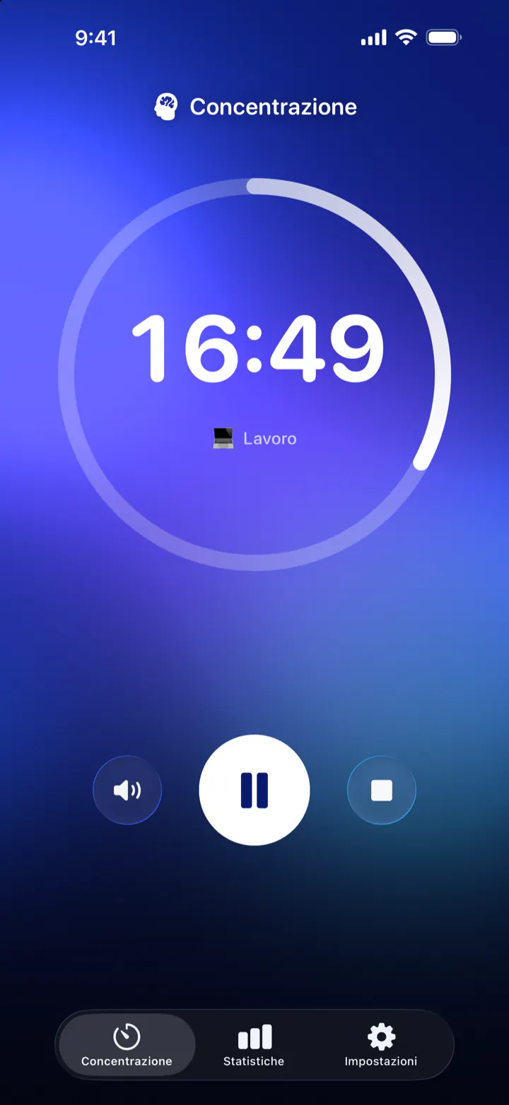 Il timer di Pomodoro Focus durante una sessione di concentrazione: 16:49 rimanenti, categoria Lavoro