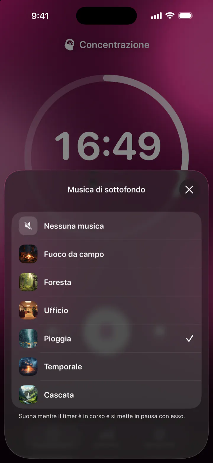 Scelta di un suono di sottofondo in Pomodoro Focus: Nessuna musica, Fuoco da campo, Foresta, Ufficio, Pioggia, Temporale e Cascata