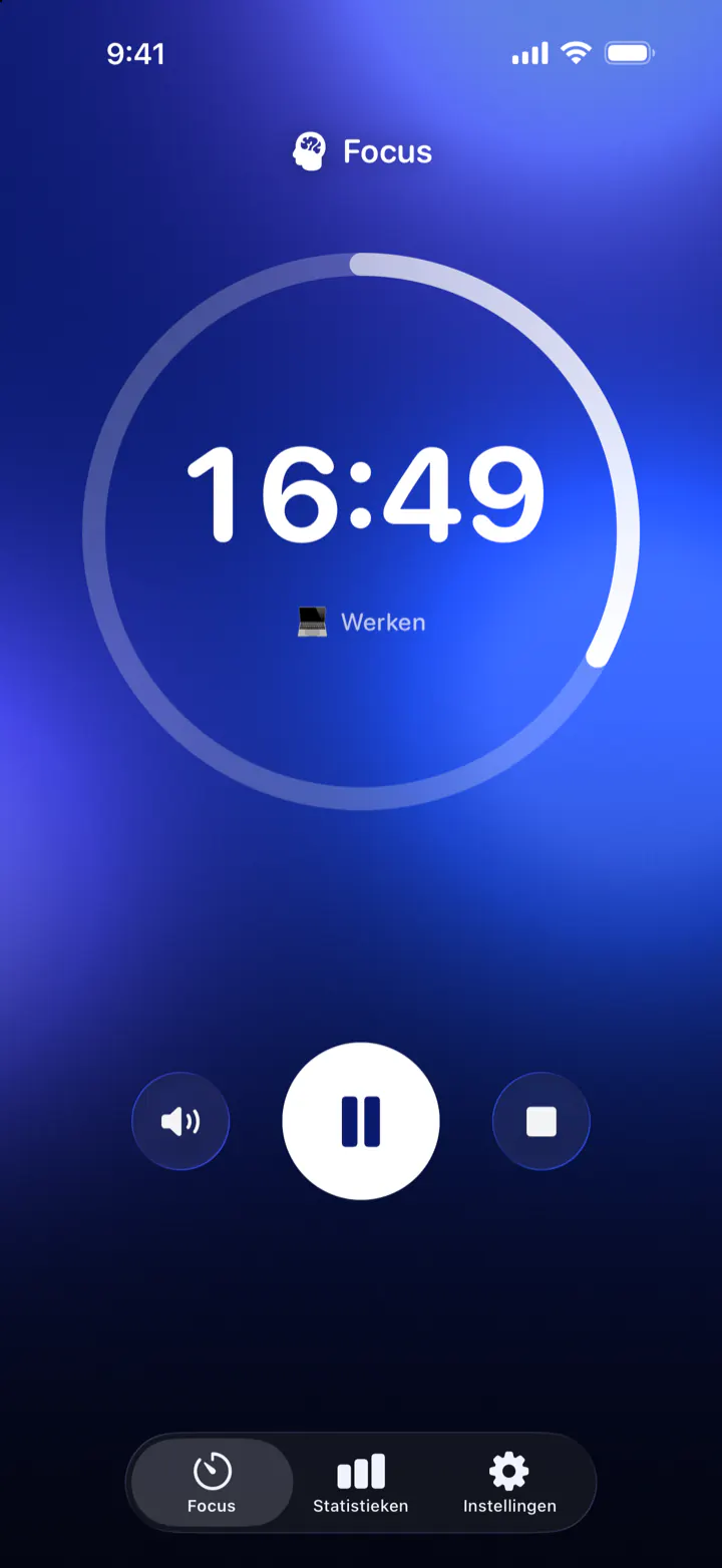 De timer van Pomodoro Focus tijdens een focussessie: nog 16:49, categorie Werken