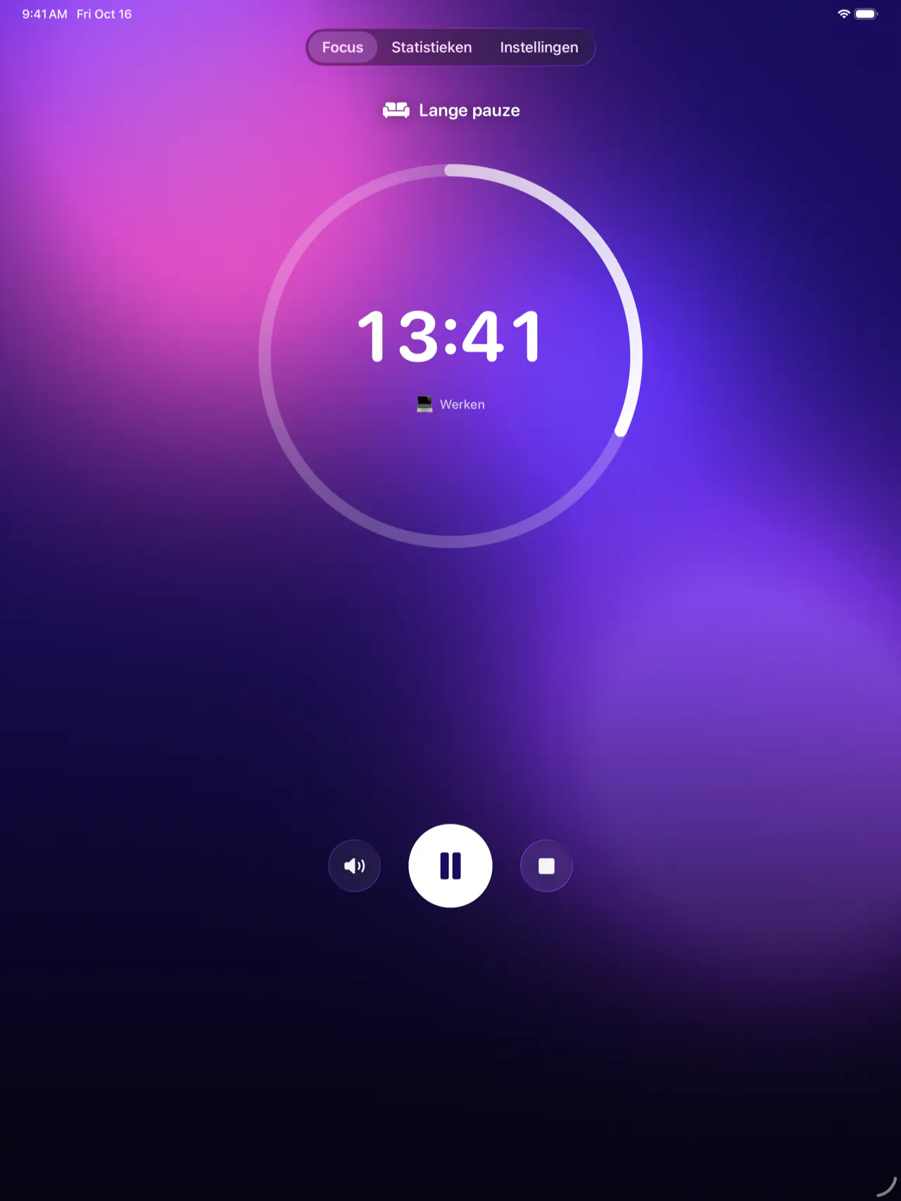 Pomodoro Focus op iPad tijdens een lange pauze: nog 13:41, op een paarse achtergrond