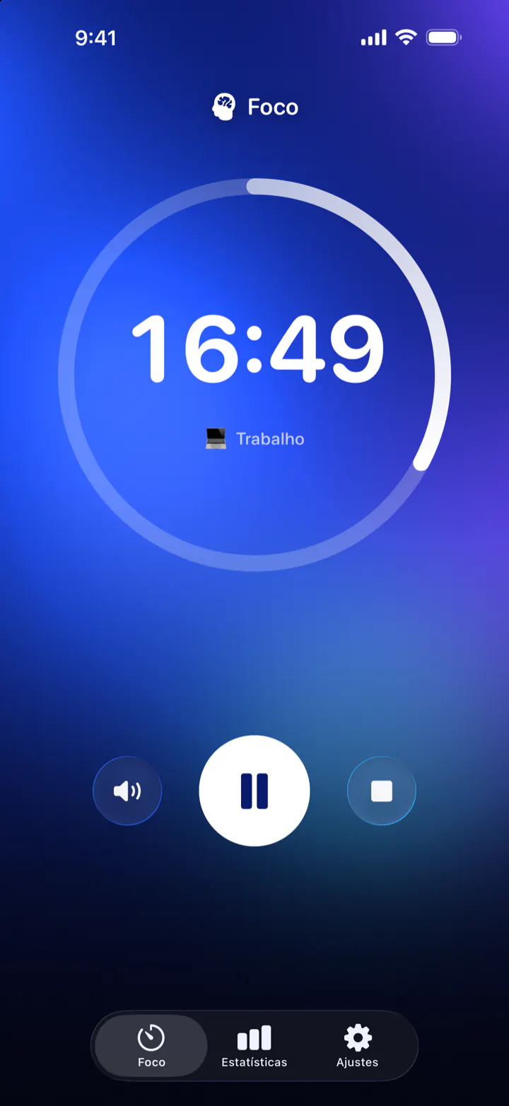 O timer do Pomodoro Focus durante uma sessão de foco: faltando 16:49, categoria Trabalho