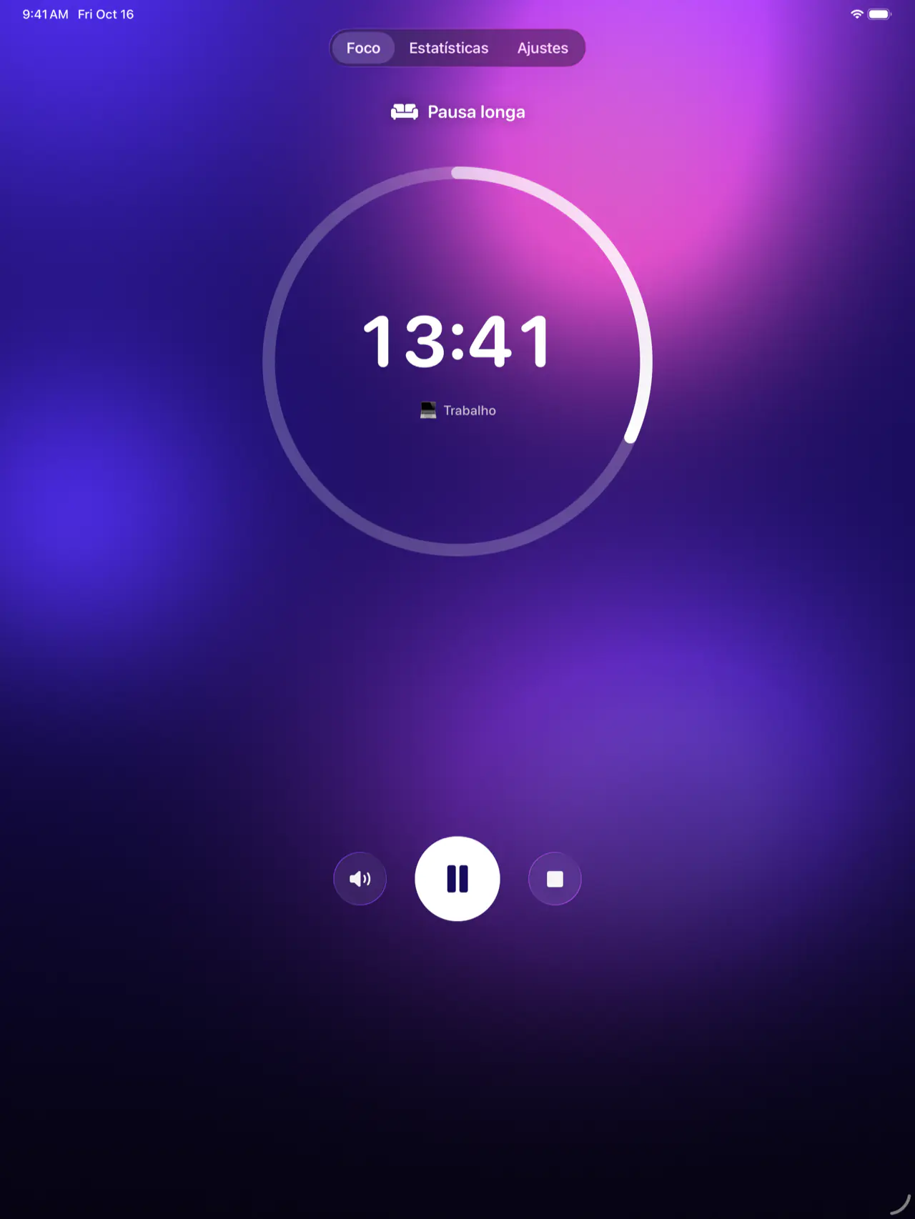Pomodoro Focus no iPad durante uma pausa longa: faltando 13:41, em um fundo roxo